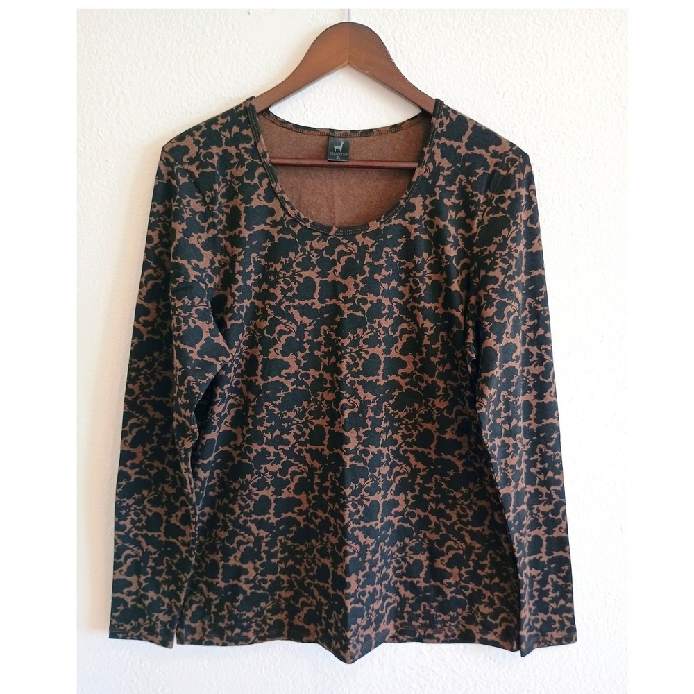 Peruvian Connection Brown Black Floral Pima Cotton Scoop Neck Top XL Long Sleeve